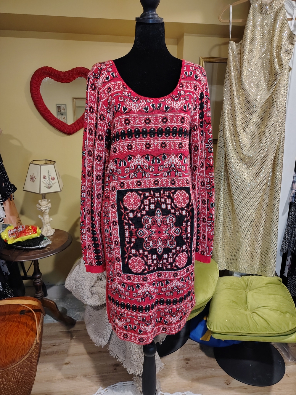 Blue Rain Red and Black Long-Sleeve Patterned Dress